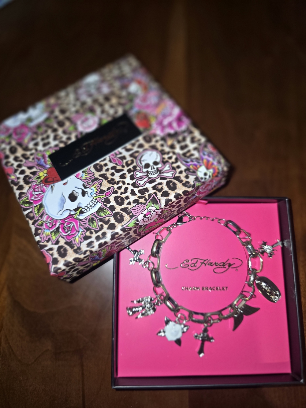 🔥 Ed Hardy Silver-Tone Charm Bracelet with Crosses and Angels, New in Box